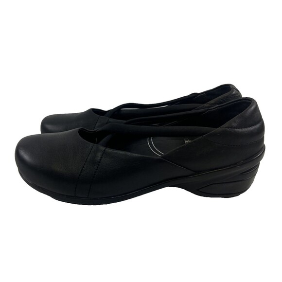 Dansko Slip On Low Heel Ballet Black Leather Criss Cross Elastic Womens 41 10.5 - Picture 1 of 15